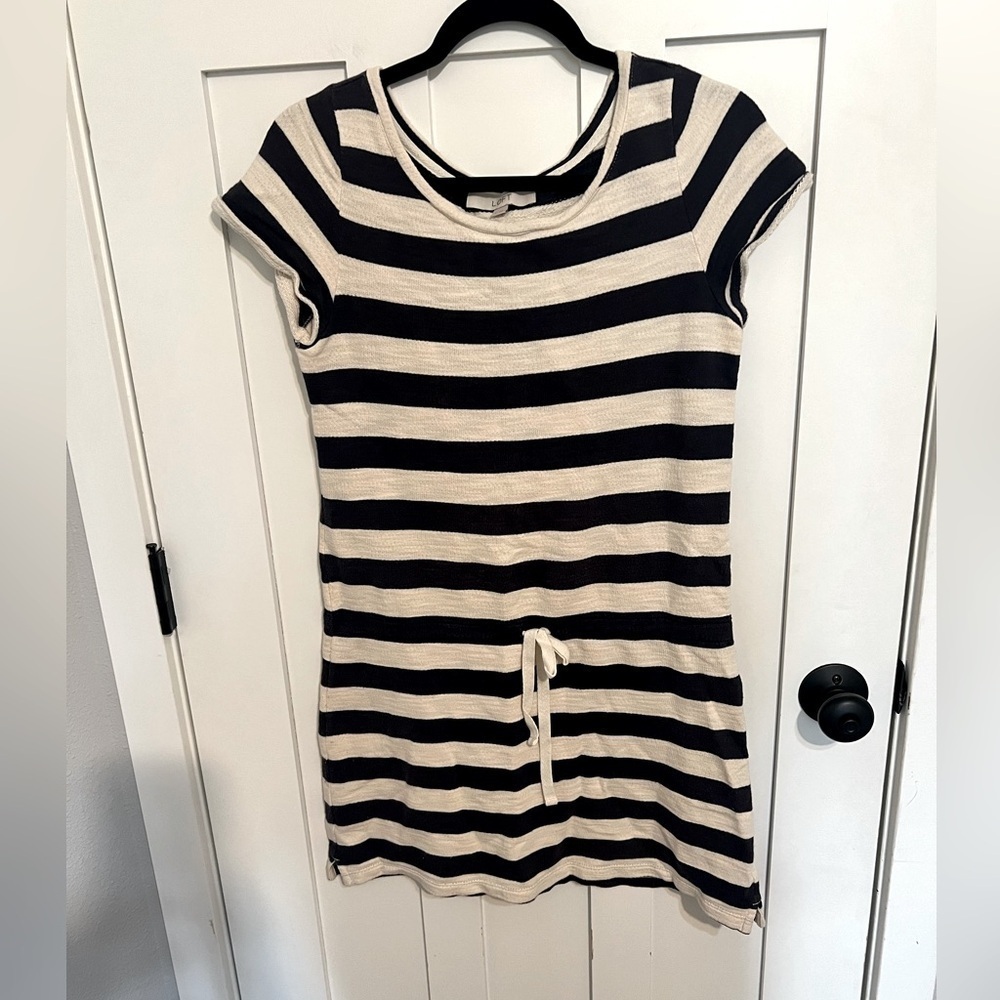 Ann Taylor LOFT Cotton Size Small Cream/Navy Striped T-shirt Dress